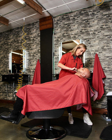 BARBER STRONG - The Barber Cape - Red w/White Pinstripe